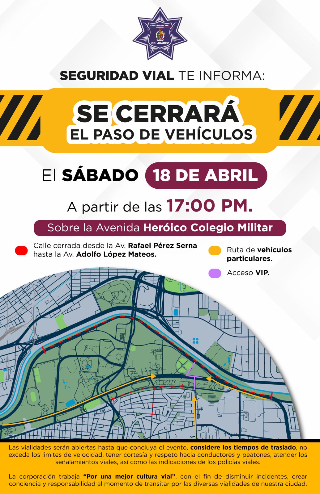 Por evento masivo, anuncia Seguridad Vial cierre de calles el próximo sábado